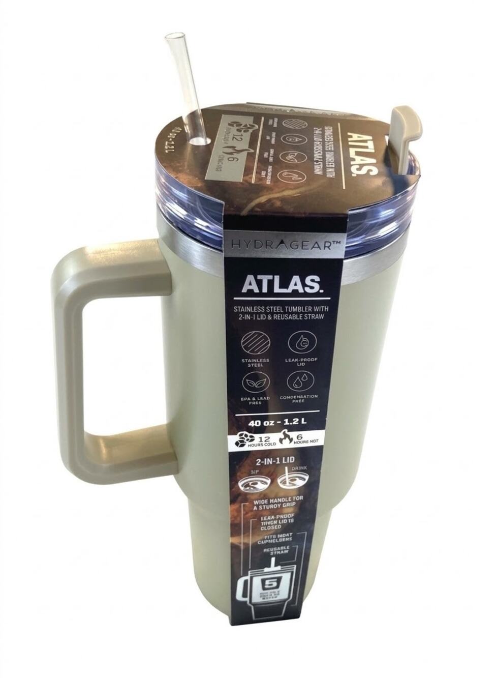 HydraGear Atlas 40 oz Stainless Steel Tumbler w/ Handle & Straw New